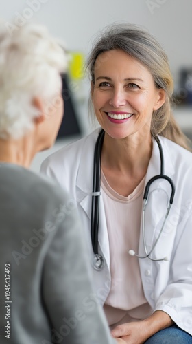 Caucasian female doctor smiling in consultation with elderly caucasian patient in medical office