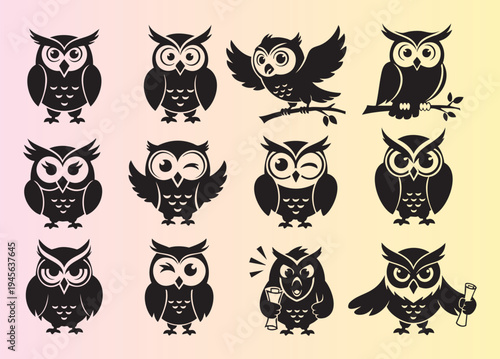 Cute cartoon owl illustrations with various expressions and poses