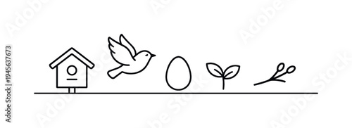 Birdhouse, bird, egg, sprout, and branch icons in a line. Minimalist line art depicting a sequence of spring elements including a birdhouse, a flying bird, an egg, a young plant