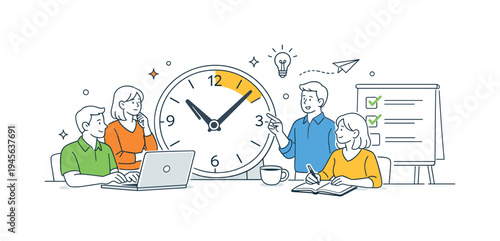 Team meeting focused on time management and project deadlines. A diverse team collaborates around a large clock, symbolizing efficient time management and project completion with a