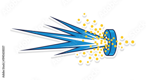 Abstract blue energy beam hitting a target, causing a burst of yellow particles and sparks, dynamic motion