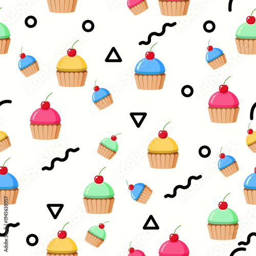 A delightful pattern of colorful cupcakes with cherries and abstract shapes, perfect for backgrounds and decorations