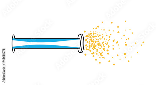 Abstract illustration of a blue test tube emitting golden sparkling particles and dust against a white background
