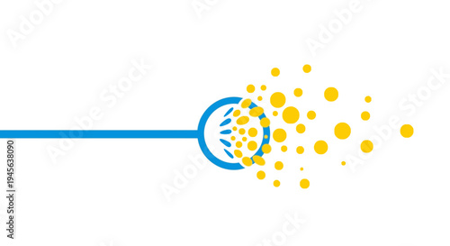 Abstract blue sphere with yellow particles exploding outwards, representing data, science, and technology