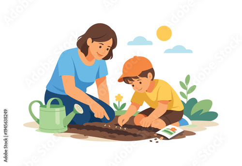 Mother and son planting seeds in the garden on a sunny day. A mother and her son are happily planting seeds in the soil, with a watering can nearby and the sun shining brightly in