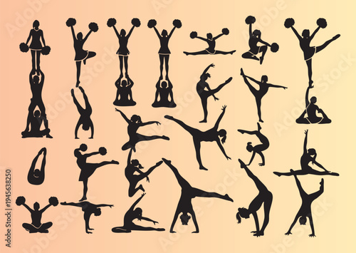 Dynamic cheerleading and gymnastics poses collection isolated