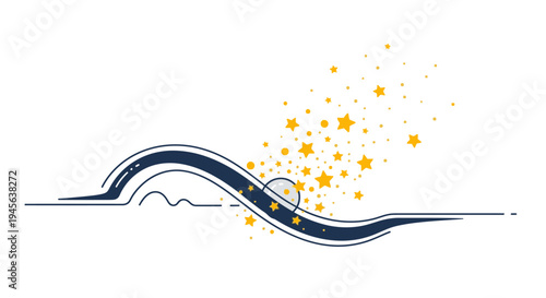 Stylized abstract graphic of a dark blue wavy path adorned with celestial bodies and a burst of sparkling golden stars, magical journey concept.