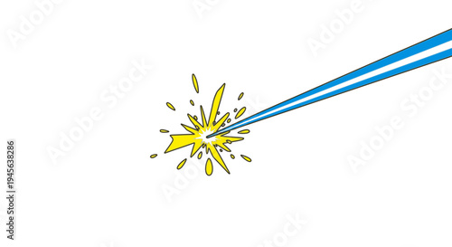 Dynamic blue laser beam striking a point with a bright yellow starburst spark effect, illustrating impact, energy, and power on a white background.