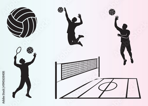 Dynamic volleyball players and court in action illustration