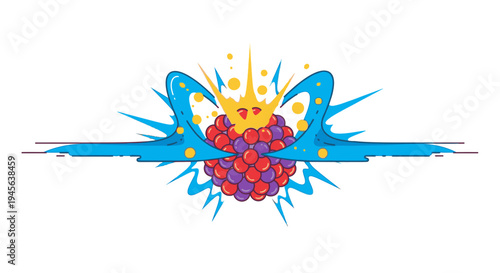 Abstract explosion of colorful berries and blue liquid with yellow sparks on a white background