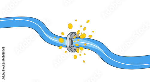 Leaking pipe with a flange connection spraying yellow liquid with bubbles and splashes on white background