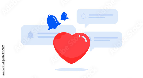 Red Heart Icon with Notification Bells and Chat Bubbles, Social Media Engagement