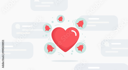Red Heart Icon with Notification Bells and Chat Bubbles, Love Message Concept