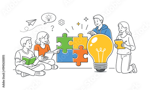 Students collaborating on creative problem solving and innovation during a group learning activity, visual metaphor of a large light bulb beside connected puzzle pieces representing ideas
