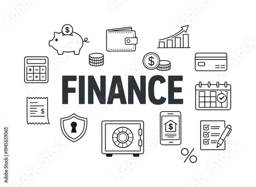 Personal financial management and smart money planning for individuals focused on budgeting, saving, investing and building long-term financial stability. FINANCE central title surrounded by
