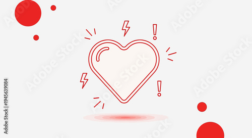 Red Heart Icon with Lightning Bolts and Exclamation Marks, Minimalist Design
