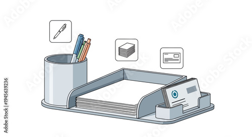 Professional desk organizer illustration holding various essential office supplies including pens, white paper, and business cards neatly arranged