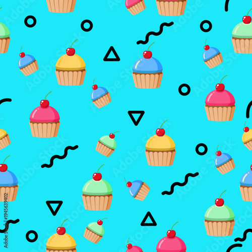 Vibrant seamless pattern with colorful cherry cupcakes and abstract geometric shapes on a bright blue background, perfect for playful designs and sweet themes