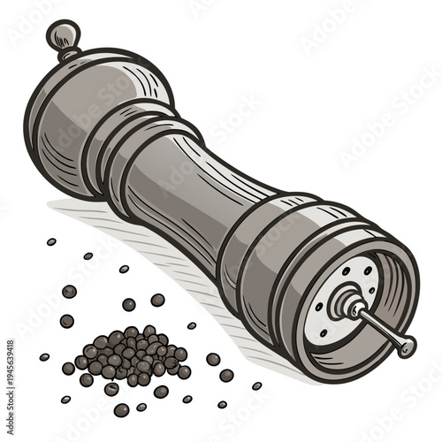 Wooden pepper mill with peppercorns on white background kitchen