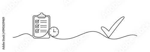 Checklist with clock and checkmark, symbolizing task completion and time management. A minimalist line drawing depicts a clipboard with a completed checklist, a clock, and a large