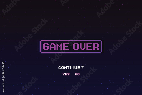 GAME OVER. CONTINUE or exiting the game's main menu. Modern trendy game background with lighting effect. for game assets in vector illustrations.