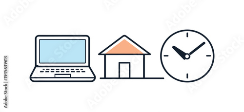 Work from home concept with laptop, house, and clock icons. Simple line art icons representing a laptop, a house, and a clock, symbolizing remote work and time management