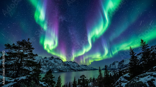 Wallpaper Mural Vibrant aurora borealis lights up the night sky over mountains and water in a remote location Torontodigital.ca