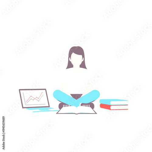 Illustration of person studying online, analyzing business data with laptop and books, representing remote education and personal growth.