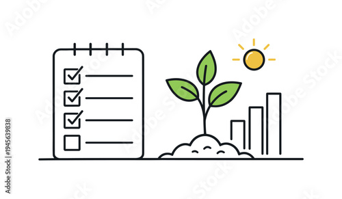 Checklist with growing plant and bar chart symbolizing business growth. A conceptual illustration representing progress, development, and successful planning with a checklist, a
