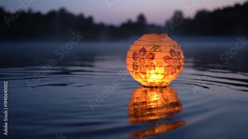 Glowing floral paper lantern floating on peaceful water at dusk