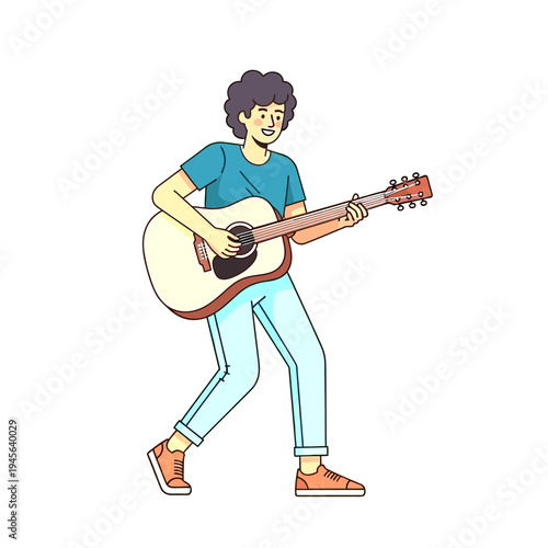 Happy person playing acoustic guitar, enjoying music. Flat vector cartoon illustration of a musician performing.
