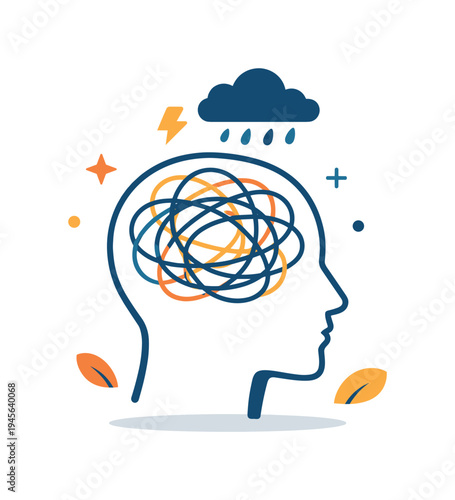 Mental health concept: tangled thoughts inside a human head silhouette. Abstract illustration of a human head profile with chaotic lines representing confused thoughts and emotions
