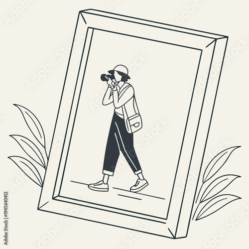 Of woman with binoculars in frame leaf plant