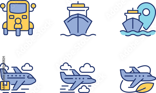 Illustrations of various transportation modes for cargo and passengers