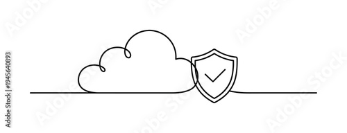 Cloud security shield with checkmark, minimalist single line drawing. A continuous line drawing depicts a cloud icon next to a shield with a checkmark, symbolizing data protection