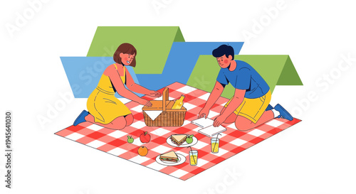 Couple Enjoying Picnic Outdoors on Red Checkered Blanket with Food and Drinks