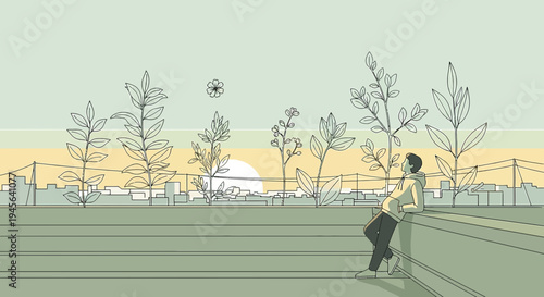 Couple Enjoying Sunset Over City Skyline with Botanical Elements