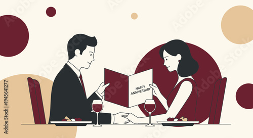 Couple Celebrating Anniversary with Greeting Card at Romantic Dinner Table