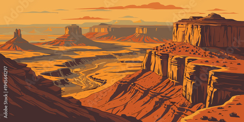 USA, US, U.S, United States - Canyonlands National Park dramatic canyon maze sunset aerial panorama 
