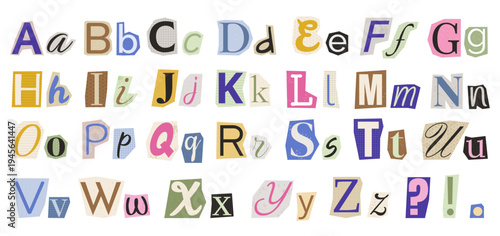 An alphabet with different letters cut out of paper. Fun letters for creating collages.