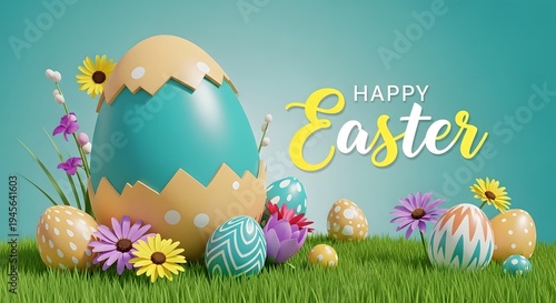 Wallpaper Mural Happy easter celebration with decorated eggs and flowers Torontodigital.ca