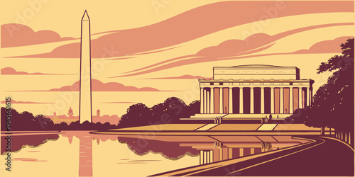 USA, US, U.S, United States - Lincoln Memorial Washington monument reflection pool sunrise panorama
