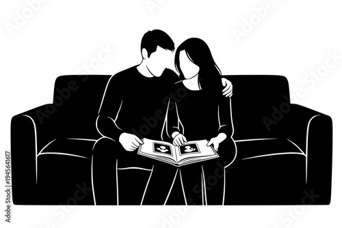 Married Couple Sitting on Sofa Photo Album Shared Memories Relationship Bonding Life Concept Black Vector