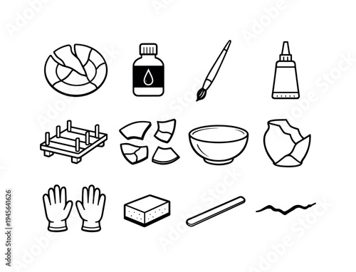 Kintsugi repair kit icons: broken pottery, glue, brush, and tools. A collection of simple line art icons representing items used for kintsugi, the Japanese art of repairing broken