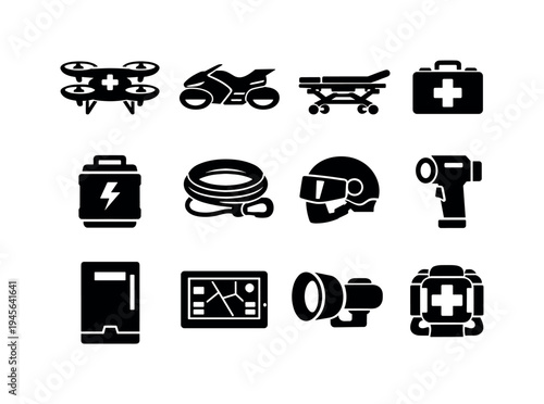 Drone, motorcycle, stretcher, first aid kit, and emergency equipment icons. Collection of black vector icons representing emergency response and rescue gear including a drone
