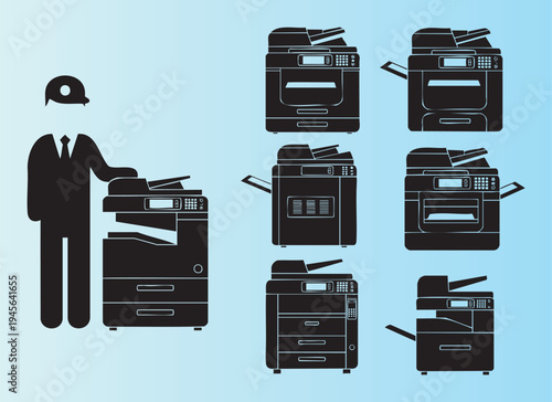 Modern office photocopiers and person in professional attire illustration