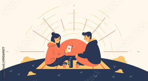 Couple Enjoying Picnic and Greeting Card at Sunset