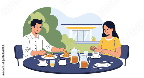 Couple Enjoying Outdoor Breakfast in Garden