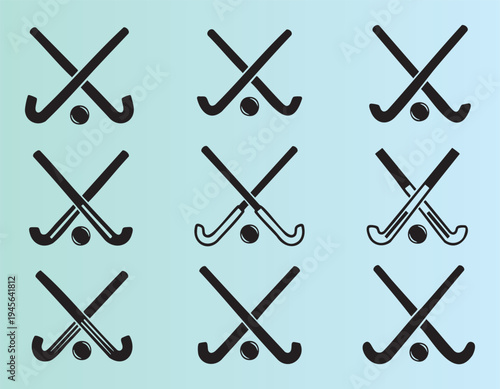 Nine field hockey stick and ball icons in various styles