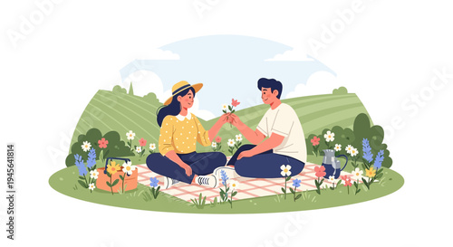 Couple Enjoying Picnic in Blooming Meadow with Flowers and Green Hills